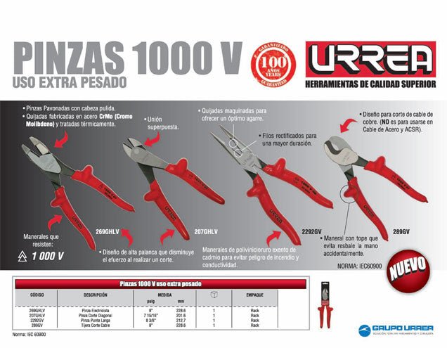 Pinza de 1000 V de 7-15/16" corte diagonal Urrea - FERRETERÍA WITZI