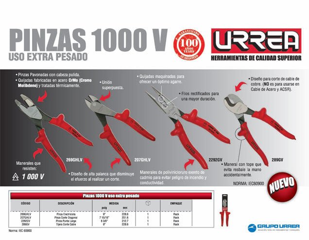 Pinza de 1000 V de 8-9/32" punta larga Urrea - FERRETERÍA WITZI