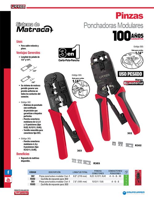 Pinza ponchadora modular 8.3" para conectores RJ22, RJ12/11, RJ45 Urrea - FERRETERÍA WITZI