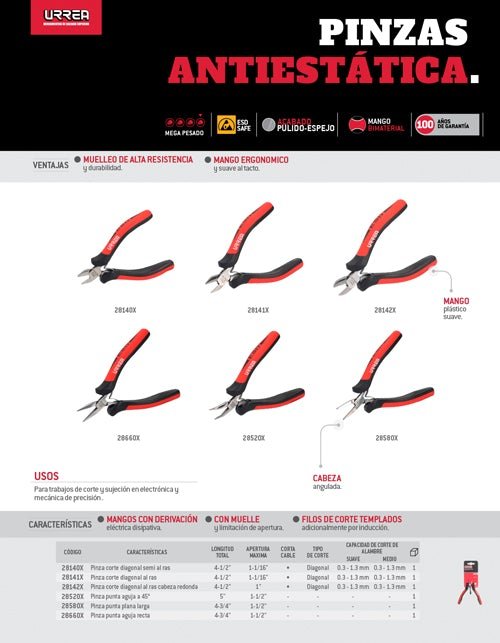 Pinza punta larga 45° 5" ESD Urrea - FERRETERÍA WITZI