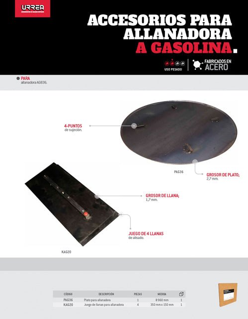 Plato para allanadoras a gasolina AG836 y AG736 de 960 mm fabricado en acero Urrea - FERRETERÍA WITZI