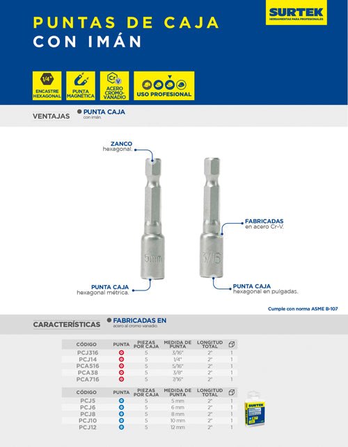 Punta de caja de poder con imán en pulgadas hexágono de 1/4", Largo de 2", 5 piezas Surtek - FERRETERÍA WITZI