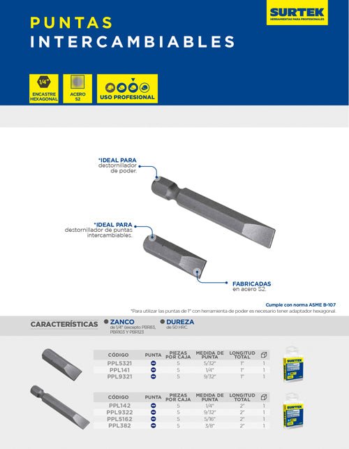 Punta plana de poder hexágono de 1/4",Largo 2" 5 piezas Surtek - FERRETERÍA WITZI