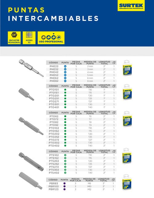 Punta Torx para destornillador hexágono de 1/4",Largo 1" 5 piezas Surtek - FERRETERÍA WITZI