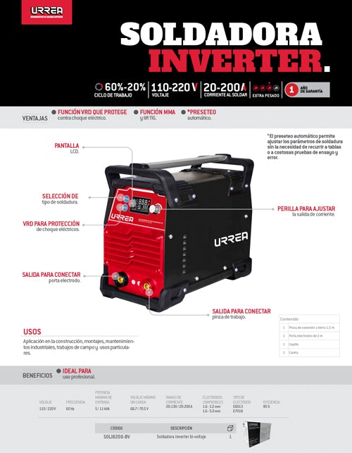 Soldadora inverter preseteo automático, bi-voltaje 110/ 220 V, 60 Hz, 20-130 A/ 20 - 200 A, electrodos E6013 y E7018. Urrea - FERRETERÍA WITZI