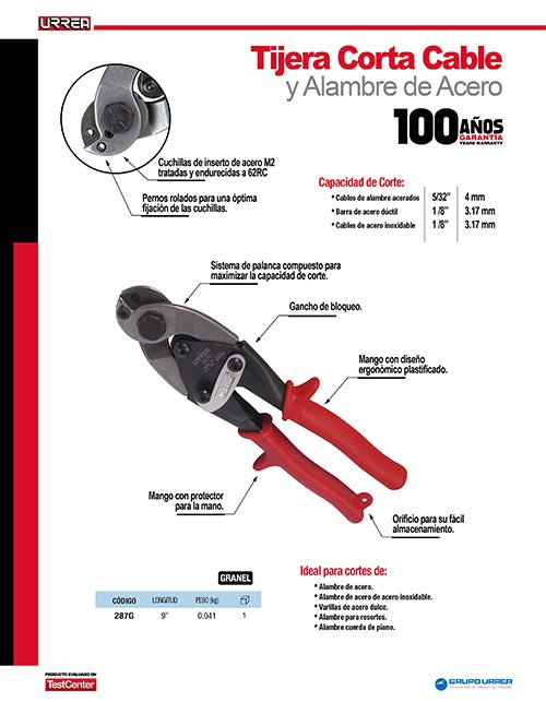 Tijera con mango rubber grip corta cable y alambre de acero, 9" Urrea - FERRETERÍA WITZI