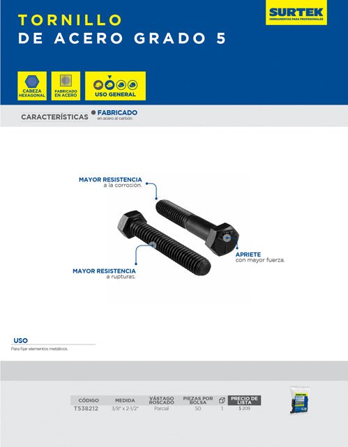 Tornillo acero 5° 3/8" x 2-1/2" Surtek - FERRETERÍA WITZI